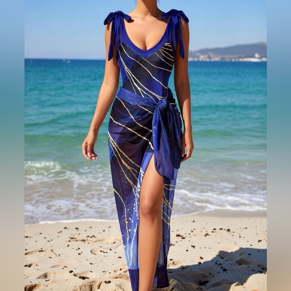 NEW Swimsuit + Sarong  Set,  blue and gold - #SW-SAR-0004